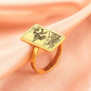 Stainless Steel Tarot Card Ring Major Arcana The Sun Moon Star Lovers The Fool Strength Death Empress High Priestess World Hanged Man Rectangular Plaque Signet Ring Unisex Fashion Jewelry Gift