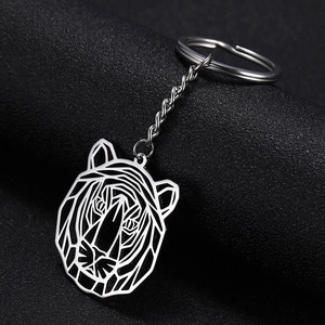 Detailed macro view of a geometric tiger head keychain pendant in silver stainless steel