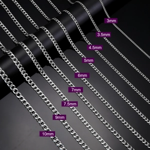 Classic silver stainless steel Cuban link necklaces in multiple widths from 3mm to 10mm