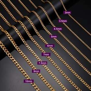 Macro shot showing gold cuban curb chains in nine widths from 3mm to 10mm on a dark stand