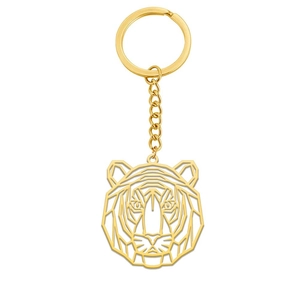 Golden stainless steel tiger head keychain with geometric hollow design and chain