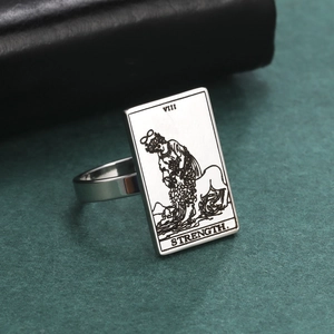 Stainless steel Strength Tarot card ring featuring engraved VIII Strength artwork for women and men