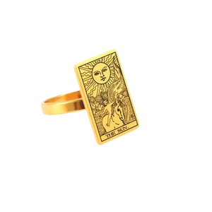 Golden stainless steel Tarot Sun ring featuring XIX Roman numeral engraving on white background