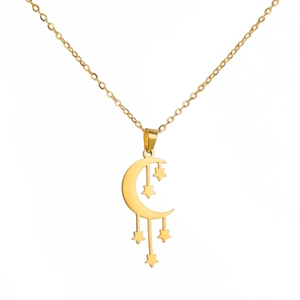 Collar de acero inoxidable dorado con colgante de luna creciente y estrellas colgantes