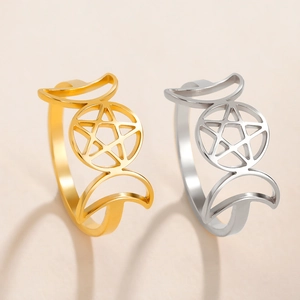 Anello Pentagramma Tripla Luna in Acciaio Inossidabile Gioielli Occulti Wicca Regalo per Uomo Donna Anello a Fascia Stella Luna