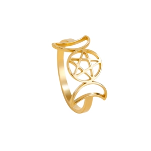 Anello dea tripla luna e pentagramma in acciaio inossidabile dorato con design regolabile