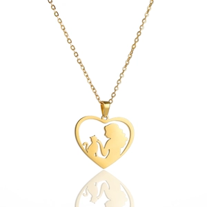 Golden heart necklace with woman and cat silhouette pendant on polished O-chain