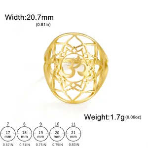 Size chart showing width 20.7mm and weight 1.7g for the stainless steel Om lotus ring