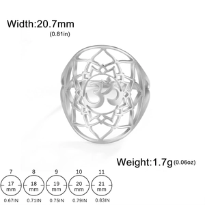 Stainless steel Om lotus yoga ring with mandala pattern and hollow cut design