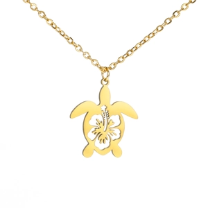 Gold stainless steel hollow turtle necklace with hibiscus flower pendant for women