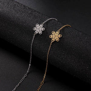 Détail des pendentifs Cube de Métatron en or et argent sur colliers en acier