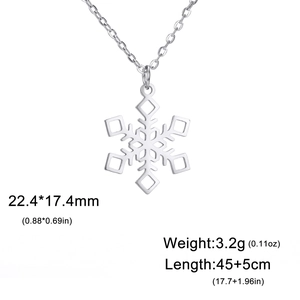 Stainless steel snowflake pendant necklace with size dimensions on white background