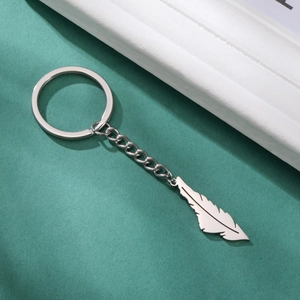 Polished stainless steel feather pendant keychain with a durable metal link chain