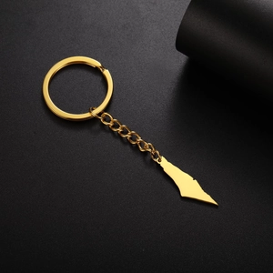 Polished gold stainless steel keychain with mountain landscape cut pendant