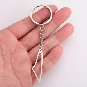 Polished stainless steel keychain featuring a hollow Palestine Israel map outline pendant