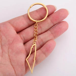 Polished gold stainless steel keychain with Israel map outline pendant on a keyring