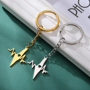Polished stainless steel heartbeat pulse keychain with heart cutout in gold and silver