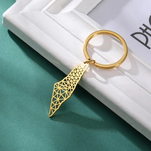 Gold stainless steel keychain featuring a geometric hollow Palestine map pendant