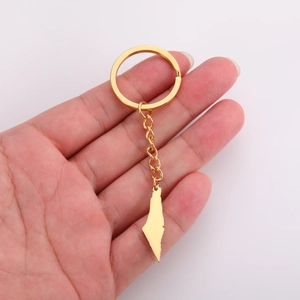 Detail of a golden stainless steel keychain featuring a map outline pendant on a flat ring