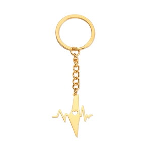 Gold Israel map keychain with cutout heart and heartbeat line in polished steel