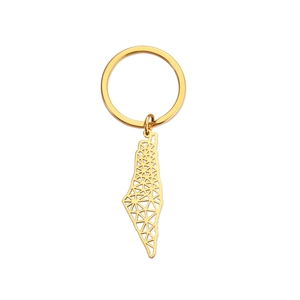 Golden Israel map outline keychain with geometric hollow triangle mesh design