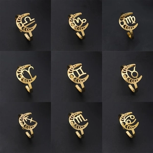 Bague Ouverte en Acier Inoxydable 12 Constellations du Zodiaque Réglable Lune Creuse Horoscope Bijoux Cadeau d'Anniversaire Femme Homme