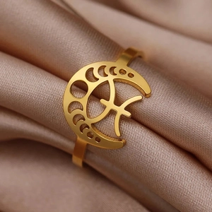 Bague en acier inoxydable doré avec croissant de lune et symbole du zodiaque ajouré