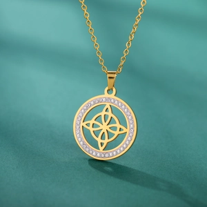 Vintage Hexenknoten Anhänger Halskette Edelstahl Zirkonia Keltischer Knoten Gold Silber Strass Runder Schmuck Damen