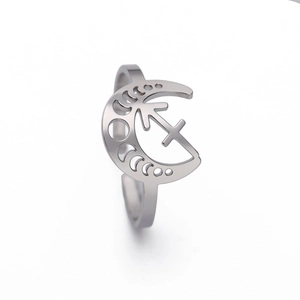 Bague zodiaque ouverte en acier inoxydable argenté avec motif de lune et flèche bohème