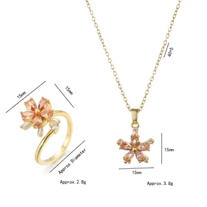 Titanium steel jewelry set featuring champagne zircon flower necklace and open ring