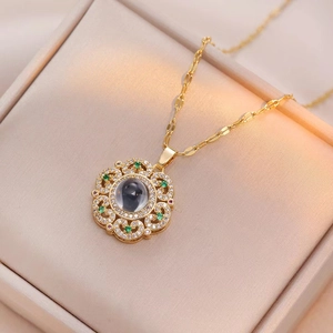 Elegant Flower Pendant Necklace Green Zircon Titanium Steel Gold Plated Vintage Floral Jewelry For Women Fashion