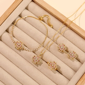 Set Gioielli Quadrifoglio Rotante Cuore Rame Zirconia Collana Orecchini Anello Bracciale per Donna Matrimonio Festa Gioielli
