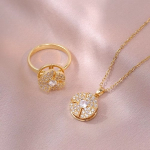 Rotierende Sonnenblume Anhänger Halskette Und Ring Schmuck Set Für Damen Zirkonia Eingelegt Titanstahl Gold Silber Zubehör Geschenk