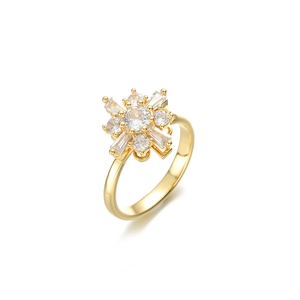 Close-up of golden sunflower ring with sparkling cubic zirconia and mixed-cut petals