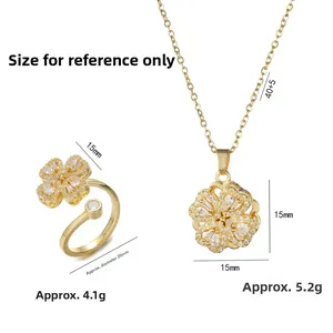 Set gioielli trifoglio rotante dorato con collana cuore in zircone e anello regolabile