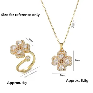Goldenes Herz-Kleeblatt-Schmuckset mit Zirkonia-Halskette und verstellbarem Ring