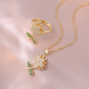 Collana E Anello Girasole Rotante Acciaio Inossidabile Zirconia Elegante Ciondolo Floreale Accessori Moda Per Donna