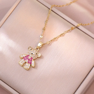 Teddy Bear Pendant Necklace Titanium Stainless Steel With Zirconia Inlay Shiny Rhinestone Fashion Jewelry For Women