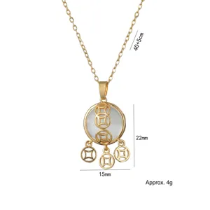 Golden dreamcatcher necklace with cat eye stone and Chinese coin pendants on white background