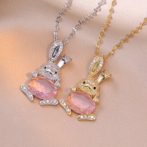 Collier Pendentif Lapin Acier Titane Cristal Rose Zircon Forme Animale Bijoux Pour Femmes Filles Accessoire Mode