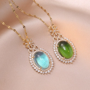 Vintage Oval Green Gemstone Pendant Necklace Stainless Steel Gold Plated Cubic Zirconia Bowknot Elegant Jewelry For Women