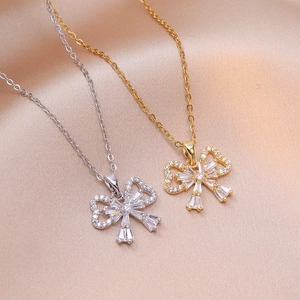 Bowknot Pendant Necklace Stainless Steel Zircon Geometric Dainty Fashion Jewelry For Women