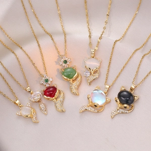 Collier Pendentif Renard En Acier Titane Avec Zircon Et Opale Incrustés Bijou Mode Élégant Cadeau Pour Femme