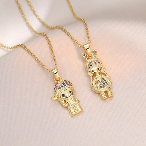 Cartoon Boy Girl Figure Pendant Necklace Titanium Steel Colorful Zircon Inlay Cute Jewelry Gift For Women Couples