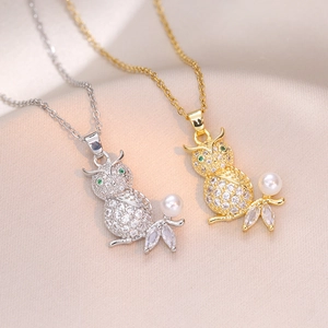 Charming Owl Pendant Necklace Titanium Steel Full Zircon Pave Green Gemstone Eyes White Artificial Pearl Animal Shape Jewelry For Women
