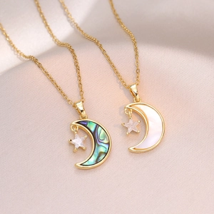 Collier Pendentif Étoile Lune Or Acier Inoxydable Incrustation Coquille Zircon Mode Simple Chaîne Clavicule Bijoux Femmes