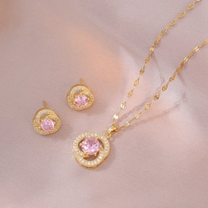 Titanstahl Rosa Zirkon Blume Anhänger Halskette Und Ohrringe 925 Sterlingsilber Ohrstecker-Stift Vergoldet Schmuck Für Damen