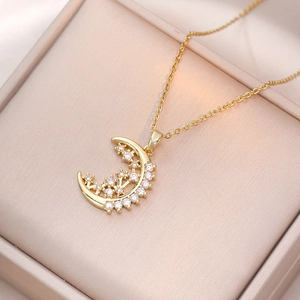 Collier Pendentif Lune Étoile Acier Inoxydable Micro Pavé Zircon Plaqué Or Bijoux De Mode Pour Femmes