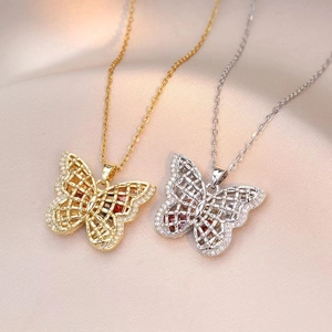 Butterfly Pendant Necklace Stainless Steel With Colorful Zirconia Hollow Grid Design Trendy Fashion Jewelry For Women