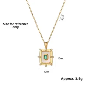 Elegant gold titanium necklace with emerald zircon and mother-of-pearl geometric pendant